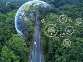 Electric vehicle going through forest with globe at the end of highway, transportation icons