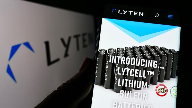 Mobile view of Lyten website in foreground; Lyten logo/sign in background