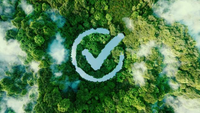 An aerial view of a checkmark in the form of a clear pond in the middle of a lush forest