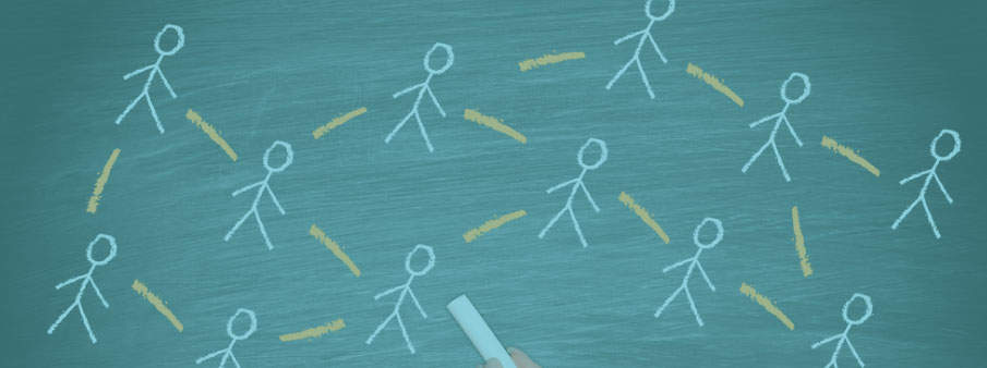 stick figures connected on chalk board