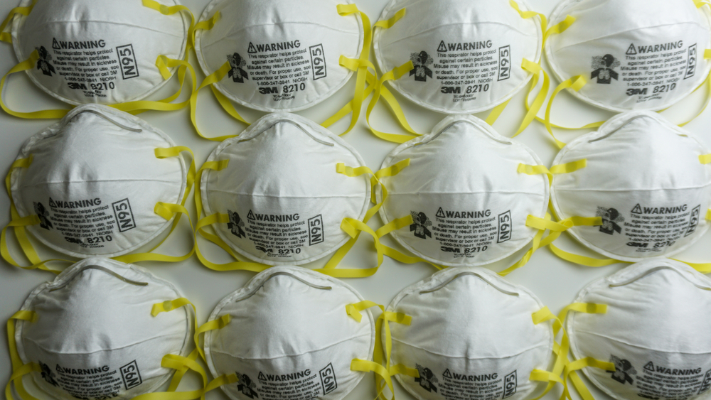 Rows of N95 respiratory mask, used as personal protective equipment.