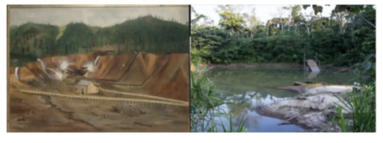 Comparison of landscape change from gold mining during the California gold rush (left) and modern artisanal mining in Peru (right). Bancroft Library, UC Berkeley (left); Arabella Chen (right)