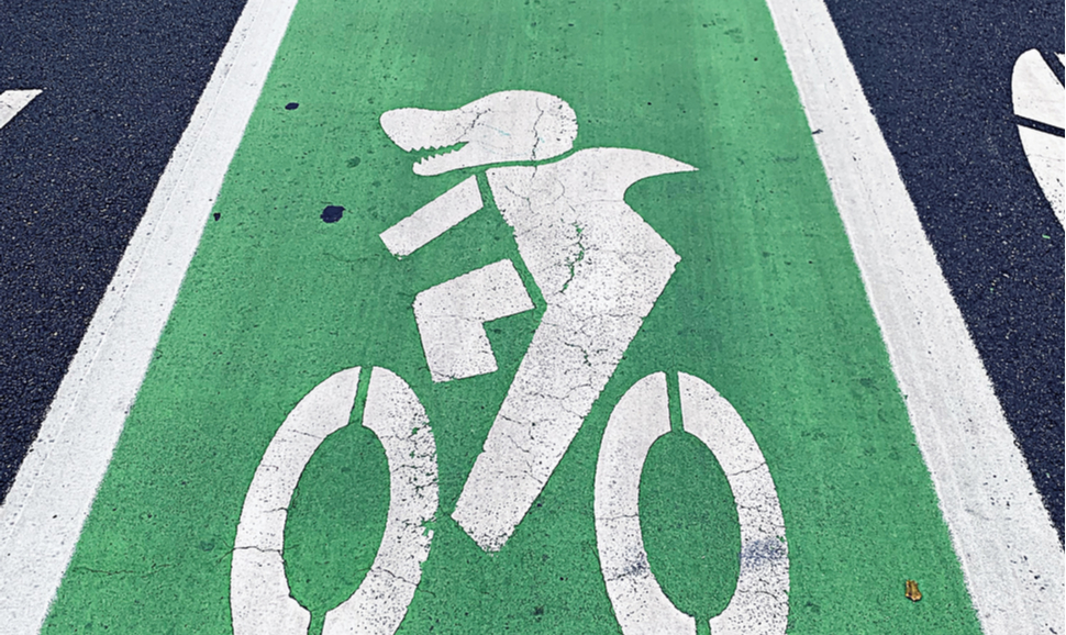 A shark appears in a San Jose bike lane, a nod to the local ice hockey team.