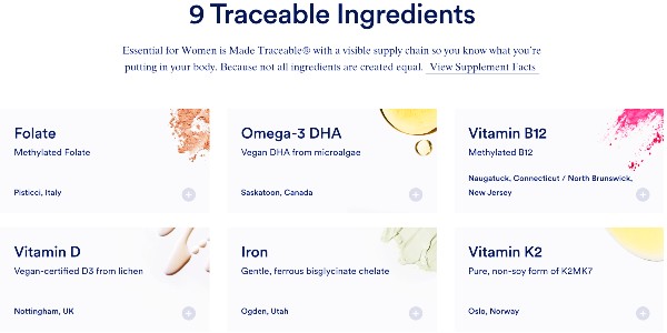 Ritual's snapshot of traceable ingredients in a women's multivitamin.