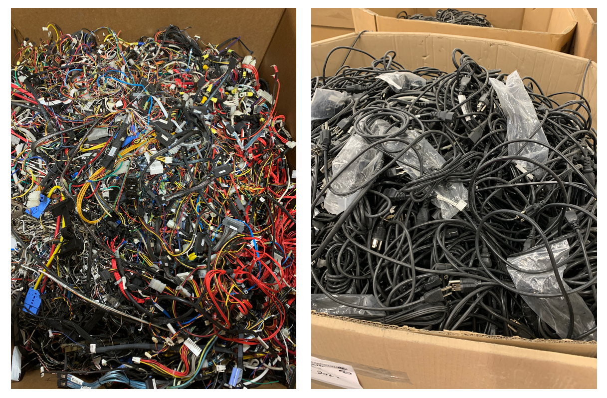 Gaylords full of cords and connectors removed from desktop computers at Repowered."