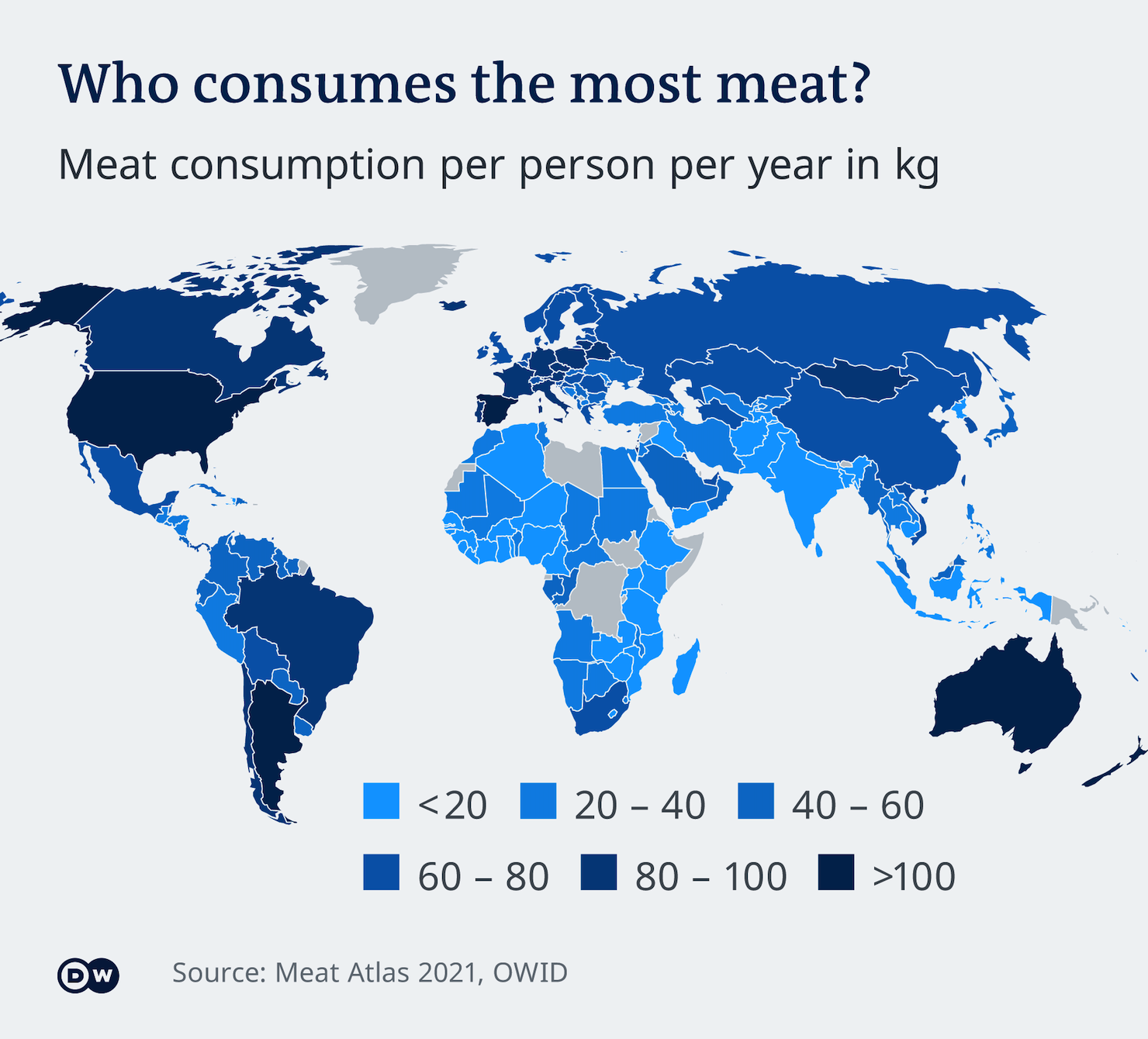 A world map showing meat consumption per capita