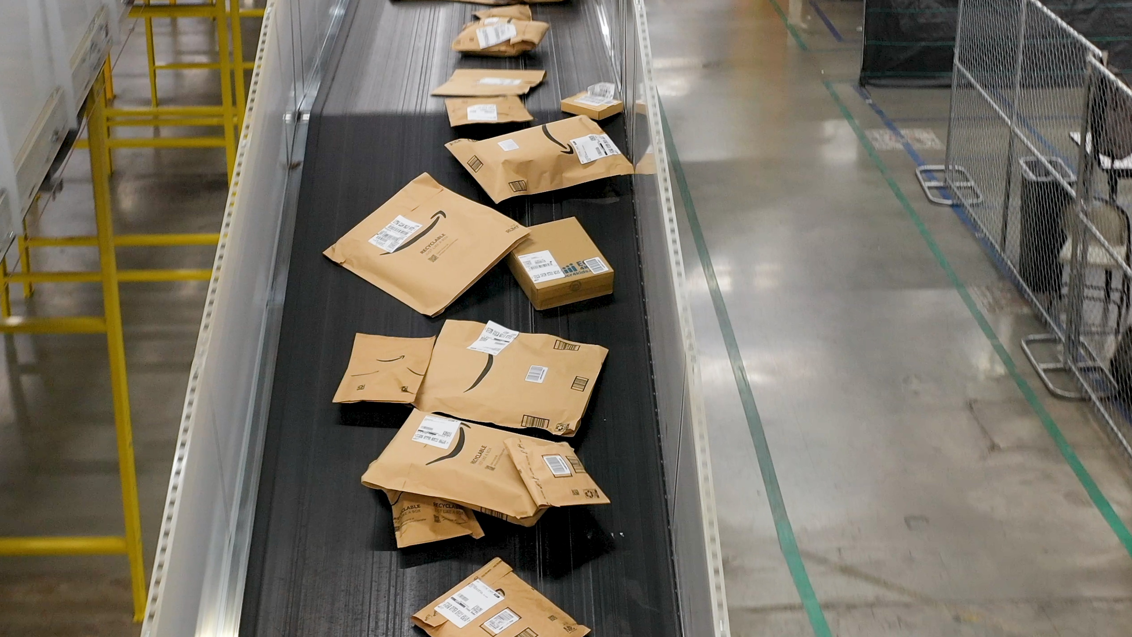 Packages winding their way through Amazon's distribution center