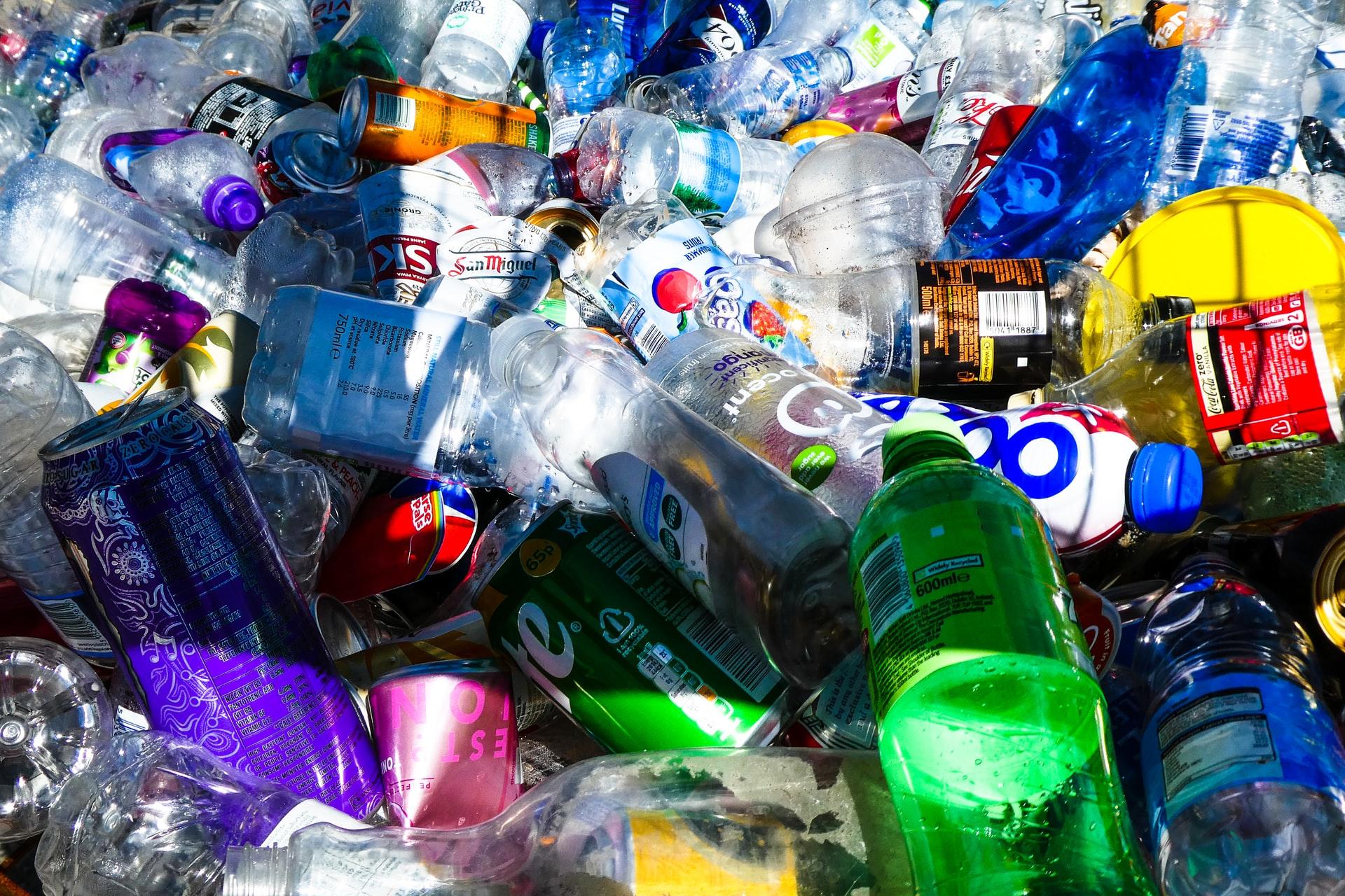 An assortment of color bottles and cans that may end up in a landfill