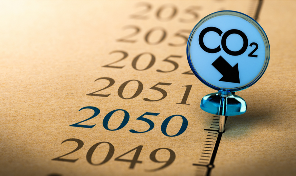 Special Pushpin with the text co2 pined on a timeline in front of the year 2050. Concept of climate plan and carbon dioxide reduction.