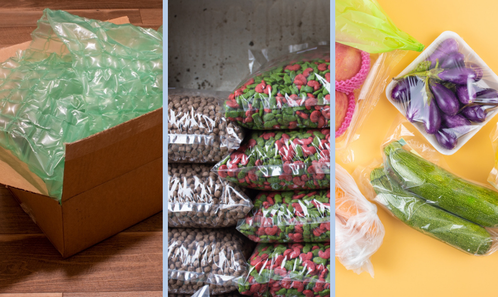A collage with an image of plastic wrap in a cardboard box, dog food in plastic bags, and produce wrapped in plastic