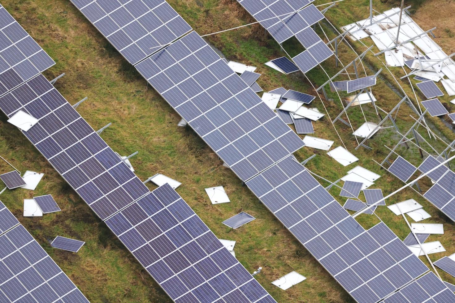 An aerial view taken from a helicopter of a damaged solar farm in Britain.