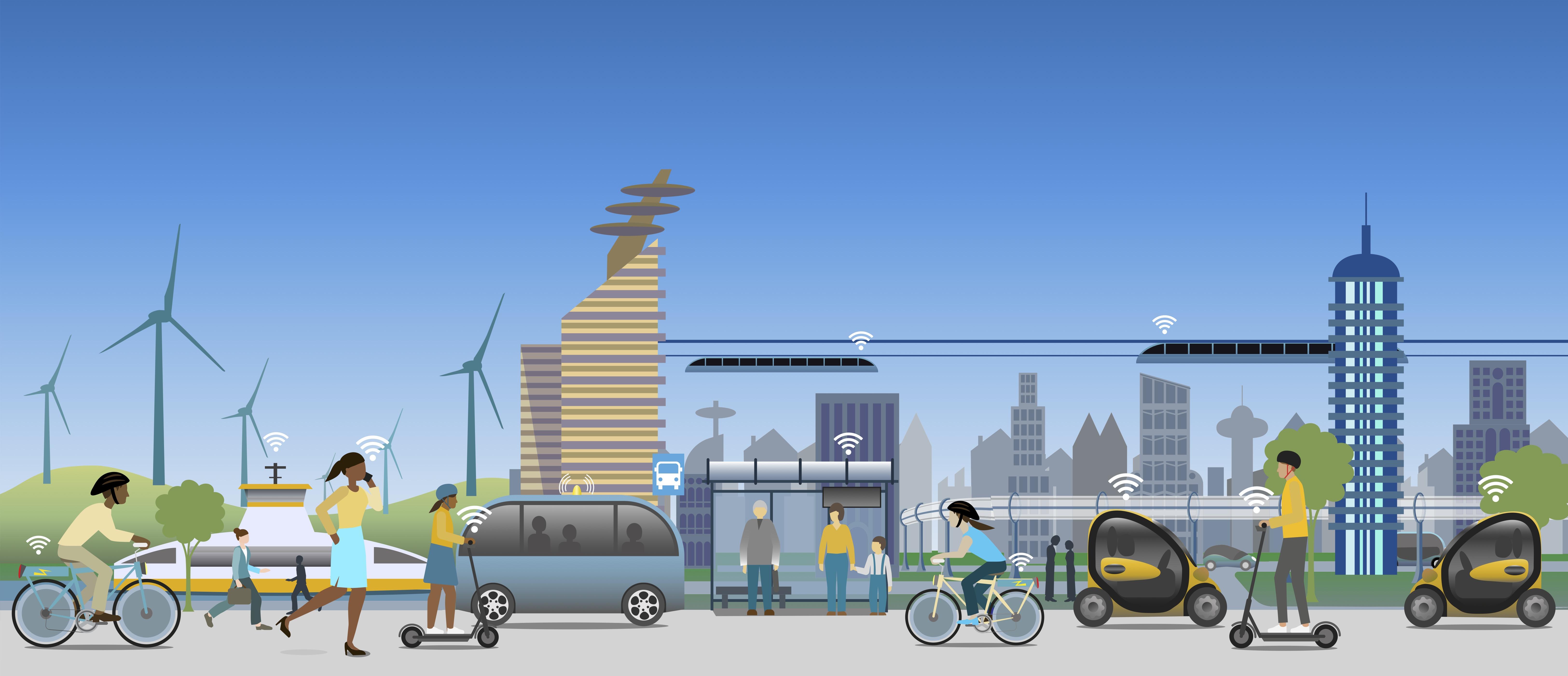 Illustration of multimodal transportation - including electric scooters, bikes, public transit, a ferry and vehicles -- against a city backdrop