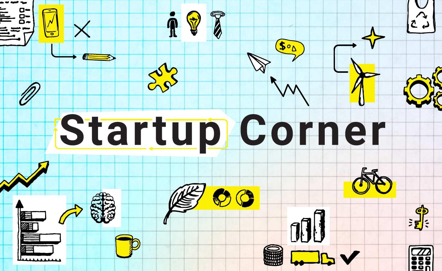 A graphic with the words 'startup corner' highlighted in colors including blue, yellow, and pink