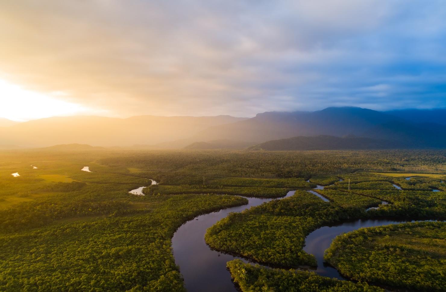 An image showing sunrise over the Amazon rain forest