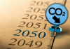 Special Pushpin with the text co2 pined on a timeline in front of the year 2050. Concept of climate plan and carbon dioxide reduction.