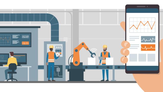 Illustration of a person using a monitoring app on a smartphone and smart automated production line with workers and robots on the background.