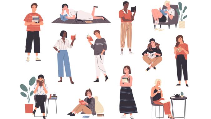 Illustration of people reading books, in different positions