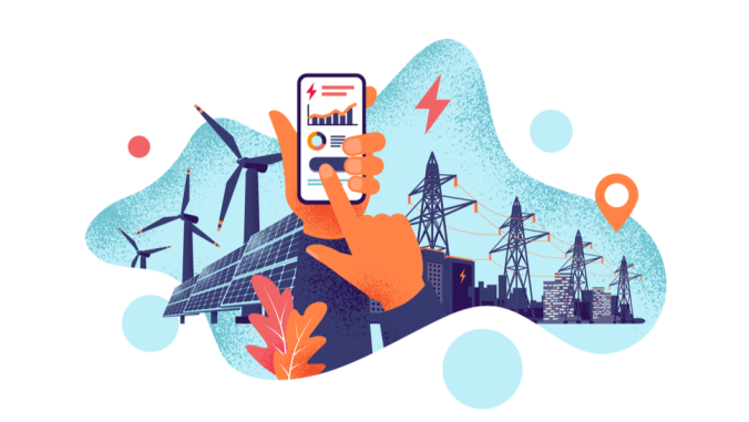 Illustration: Hands holding mobile cell phone with electricity energy usage smartphone monitoring app. Sustainable renewable power plant battery storage with solar panels, wind.