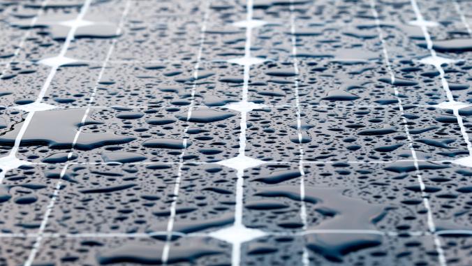 Rain on photovoltaic solar panels.