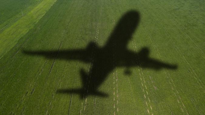 Shadow of an airplane over an agricultural field