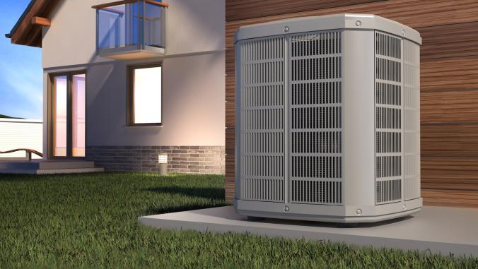 3-D illustration of heat pump outside of house