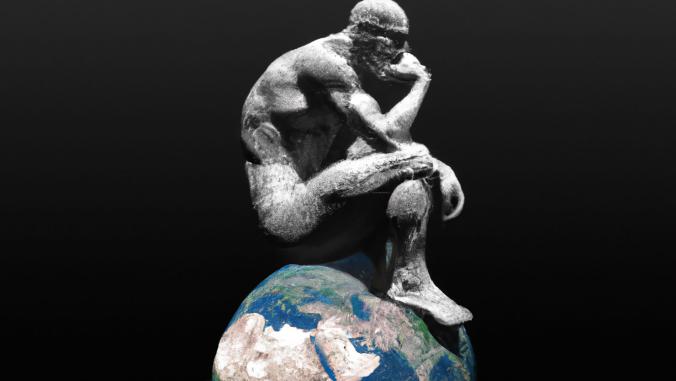 Statue of The Thinker sitting on top of a globe