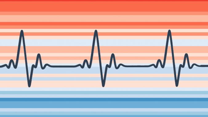 Climate temperature stripes overlaid with EKG heartbeat