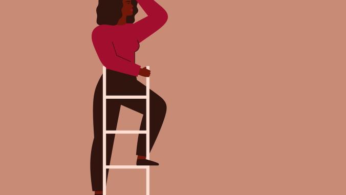 Woman stands at the top of a ladder, looking into the future (representing a career ladder) 