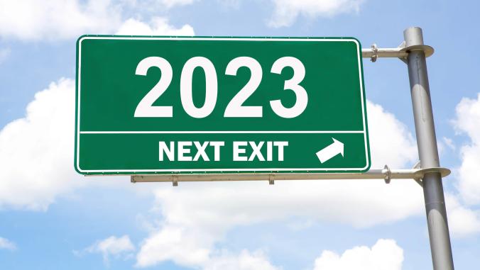 Highway exit sign showing the way to leave 2023