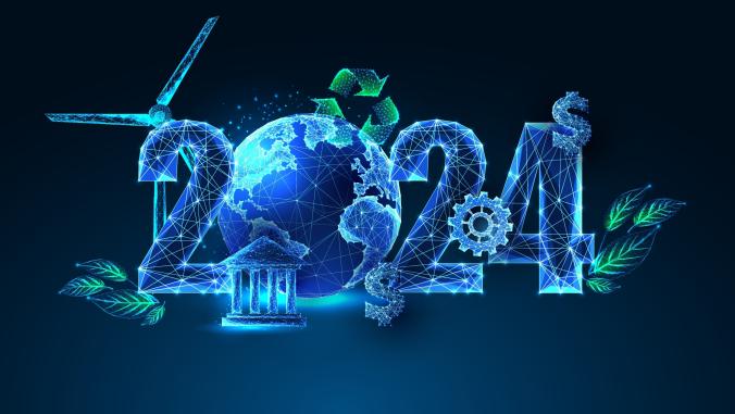 2024 with a globe and sustainability icons/elements against a dark blue background