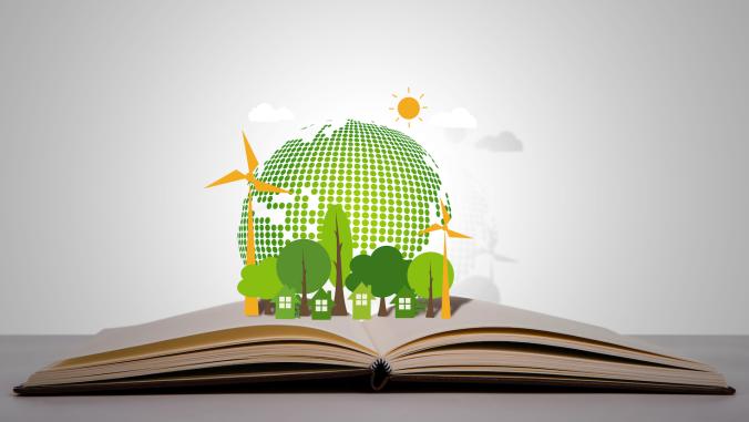 Open book with icon of a globe and ecological/sustainability icons