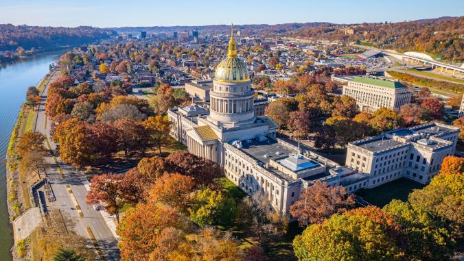 An aerial view of the West Virginia state capitol in Charleston.