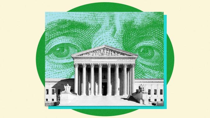 A graphic showing the Supreme Court in front of a dollar bill